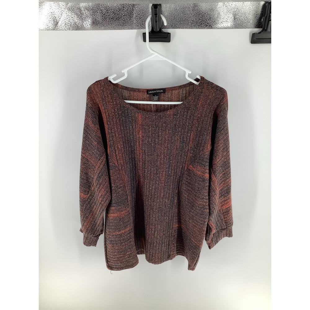 Carolyn Taylor Womens Large Ribbed Knit Space Dye Scoop Neck Top Rust Burgundy